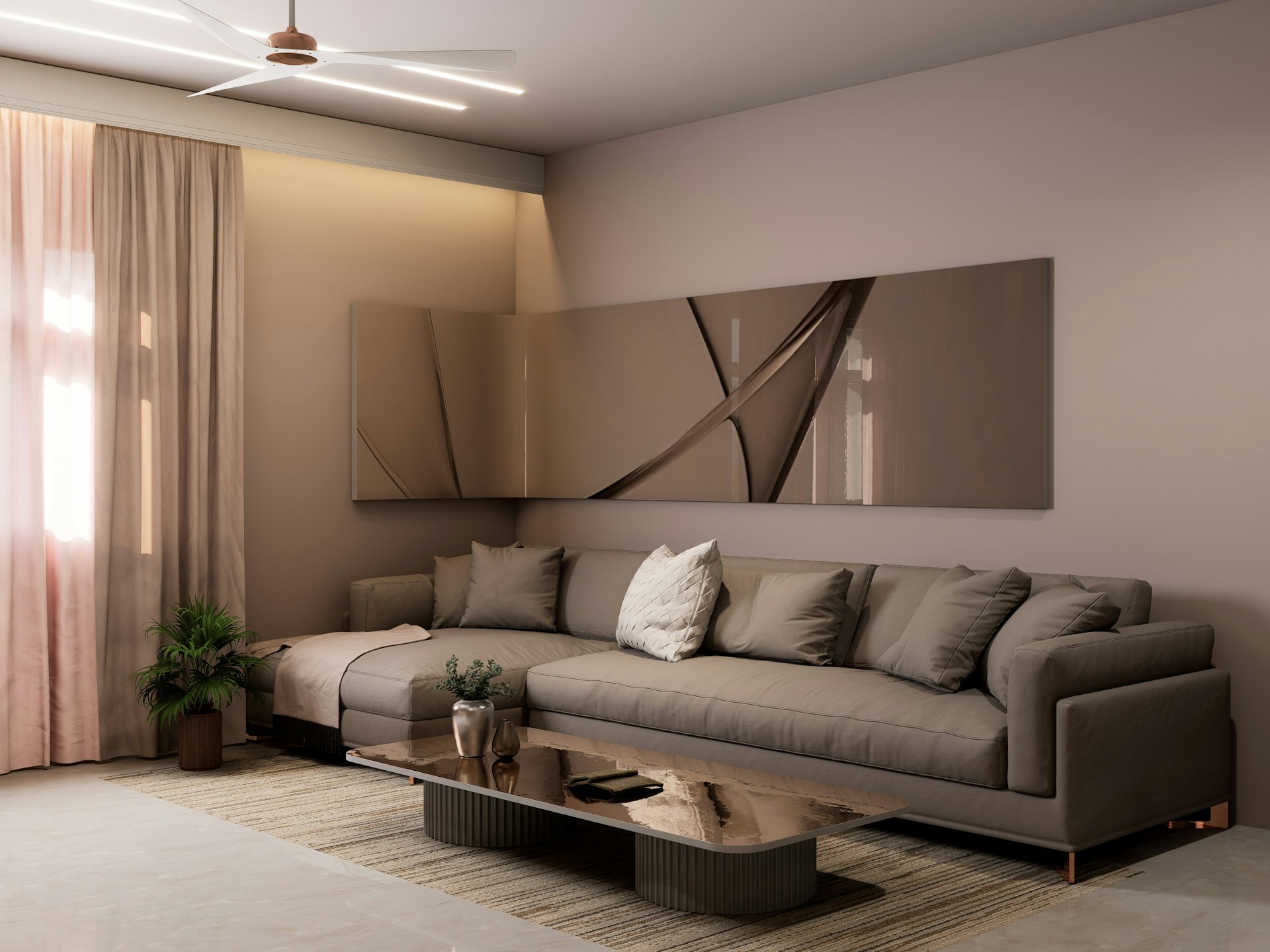 Nötr renklerde koltuk takımı ve duvar sanatıyla modern daire salonu