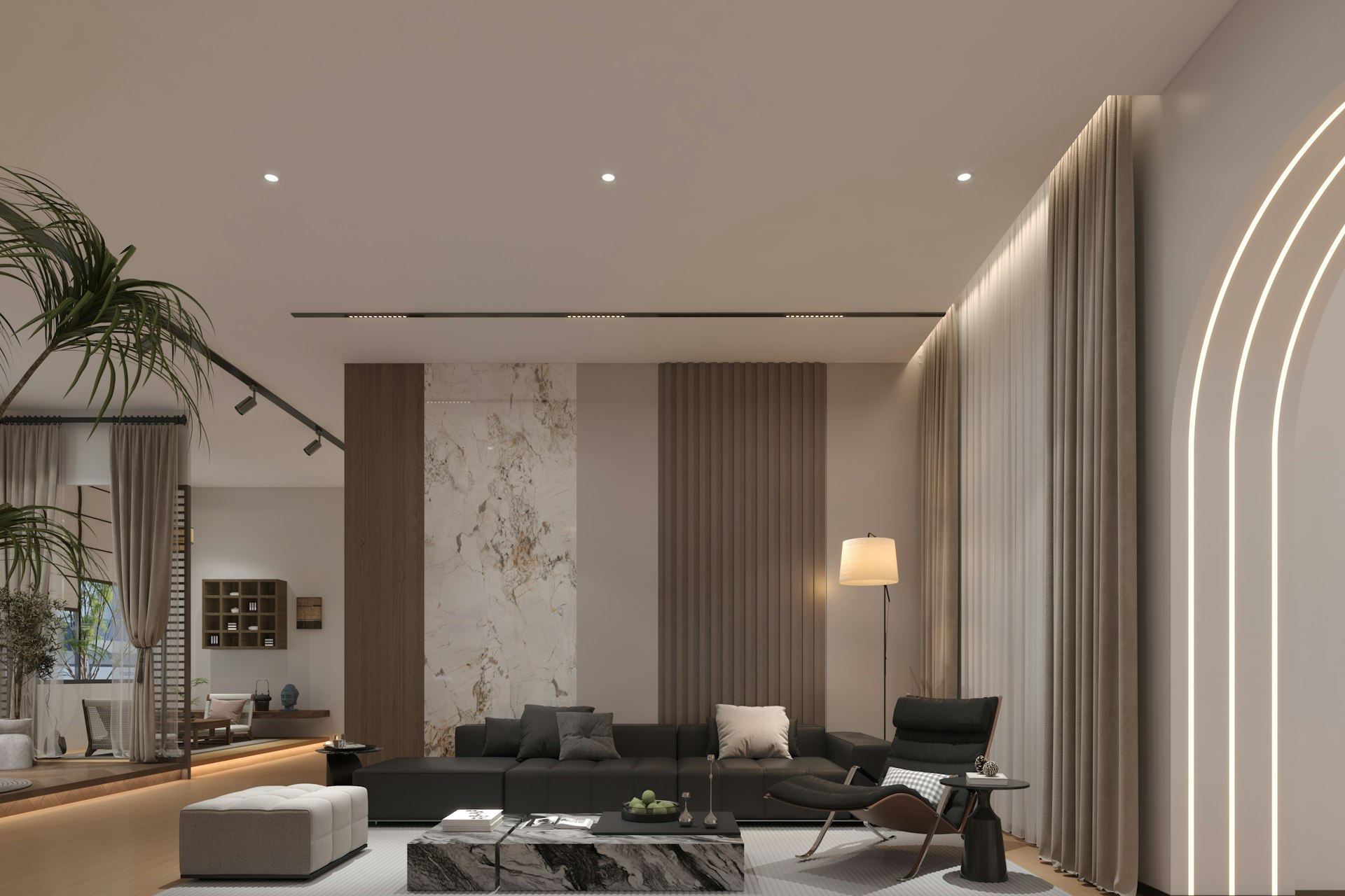 Villa iç mekânında oturma grubu ve dekorasyon
